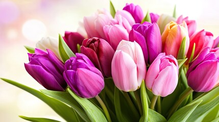 Fototapeta premium A close-up of a tulip bouquet in soft pastel hues, with a blurred background and plenty of space for text.