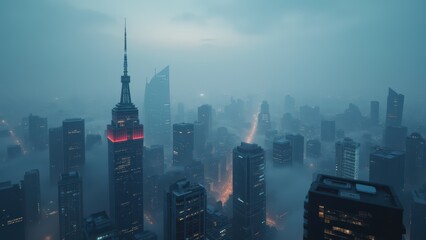 Cyberpunk Metropolis: A Futuristic Cityscape Shrouded in Fog