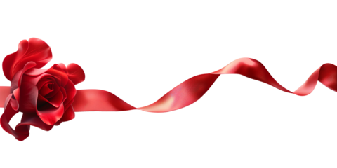 Red ribbon with rose on transparent background. Cut out png