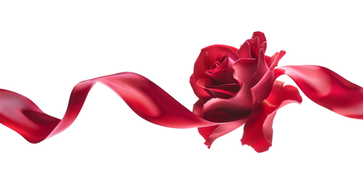 Red ribbon with rose on transparent background. Cut out png