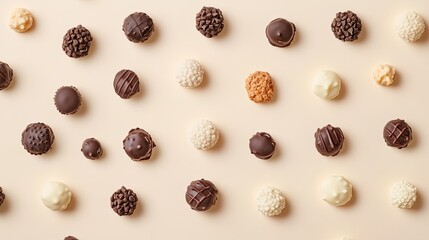 Obraz premium A collection of healthy chocolate-covered protein snacks, scattered on a smooth background with open space.