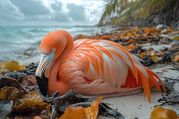 Graceful pink flamingo captured in a stunning close-up, highlighting its vibrant feathers, elegant curves, and serene beauty. A perfect representation of nature’s artistry.