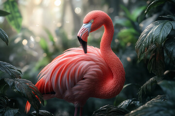 Graceful pink flamingo captured in a stunning close-up, highlighting its vibrant feathers, elegant curves, and serene beauty. A perfect representation of nature&rsquo;s artistry.