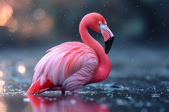 Graceful pink flamingo captured in a stunning close-up, highlighting its vibrant feathers, elegant curves, and serene beauty. A perfect representation of nature’s artistry.