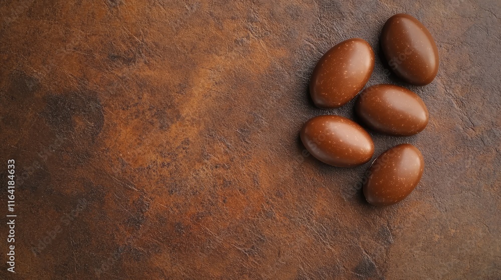 Poster a few chocolate-covered candies arranged on a textured background with ample empty space around.