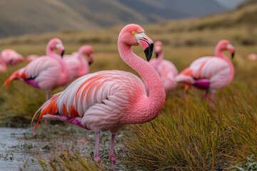 Fototapeta premium Graceful pink flamingo captured in a stunning close-up, highlighting its vibrant feathers, elegant curves, and serene beauty. A perfect representation of nature’s artistry.