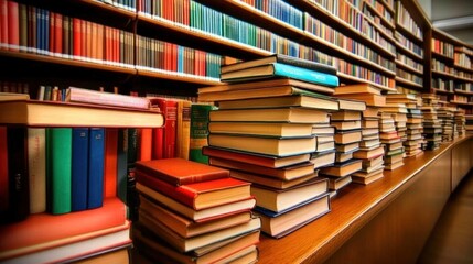 A Treasure Trove of Knowledge: Stacks of Books in a Grand Library