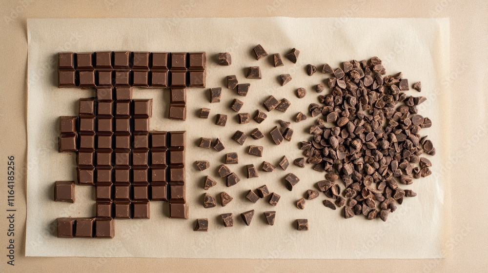 Aufkleber a flat lay of dark chocolate bars and cocoa nibs on a clean parchment-lined surface.