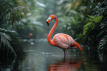 Fototapeta premium Graceful pink flamingo captured in a stunning close-up, highlighting its vibrant feathers, elegant curves, and serene beauty. A perfect representation of nature’s artistry.