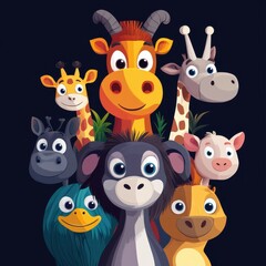 Naklejka premium Adorable Cartoon Animals Group Portrait Smiling Together