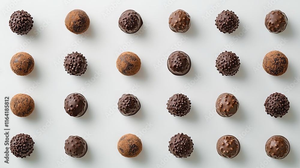 Poster a flat lay of various chocolate truffles placed in an elegant pattern with clean edges and copy spac