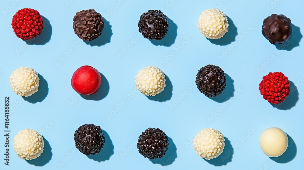 Poster a flat lay of various chocolate truffles placed in an elegant pattern with clean edges and copy spac