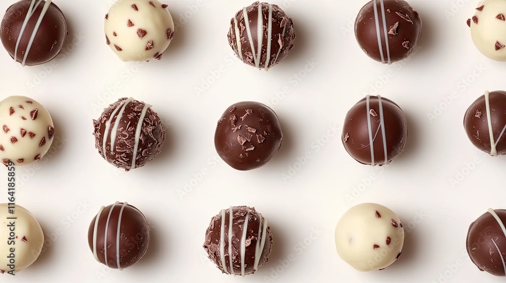 Poster a flat lay of various chocolate truffles placed in an elegant pattern with clean edges and copy spac