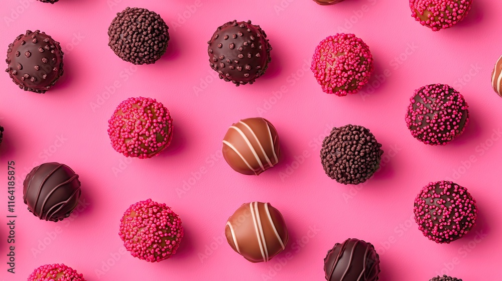 Poster a flat lay of various chocolate truffles placed in an elegant pattern with clean edges and copy spac