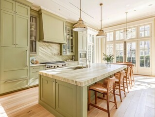 Obraz premium Elegant Green Kitchen With Island And Marble Countertops
