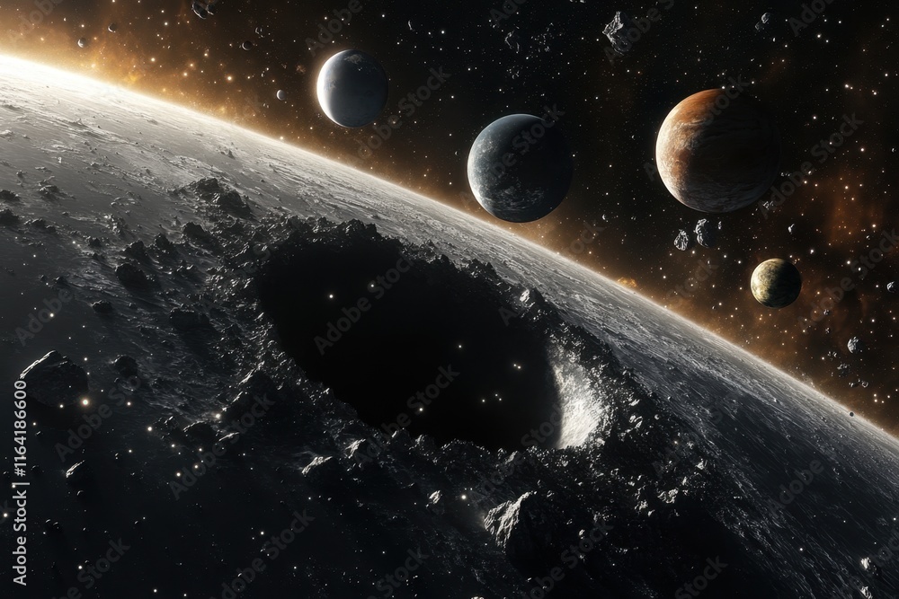 Poster vast celestial bodies orbiting a cratered moon with deep shadows and distant planets