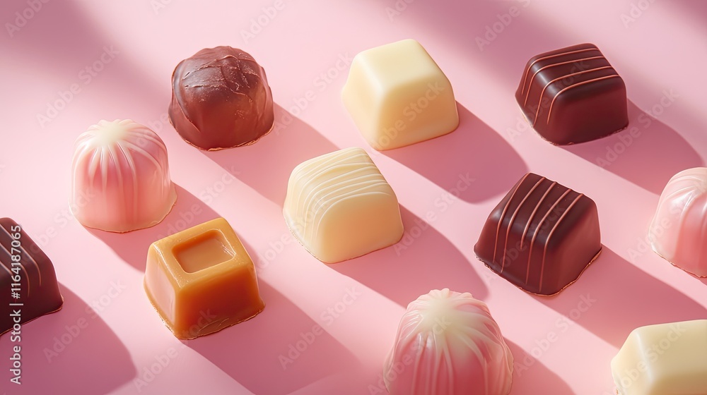 Poster a mix of chocolate caramels and pralines, arranged artfully on a smooth surface with a soft gradient
