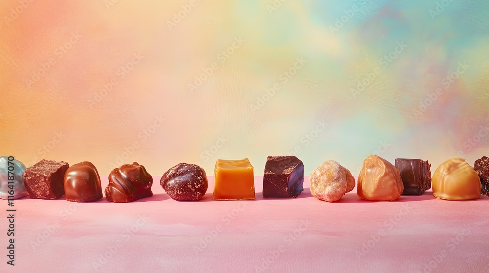 Poster a mix of chocolate caramels and pralines, arranged artfully on a smooth surface with a soft gradient