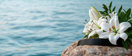 Calm black ribbon flower arrangement with white lilies on rock by the sea for funeral tribute