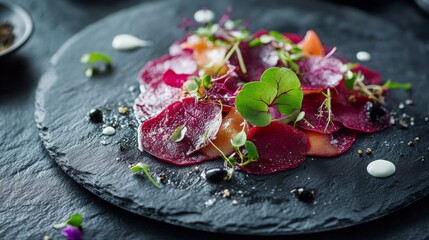 Vibrant beet salad features thinly sliced beets layered elegantly on a dark slate plate. Fresh herbs and edible flowers add a touch of color and sophistication to this exquisite culinary creation.