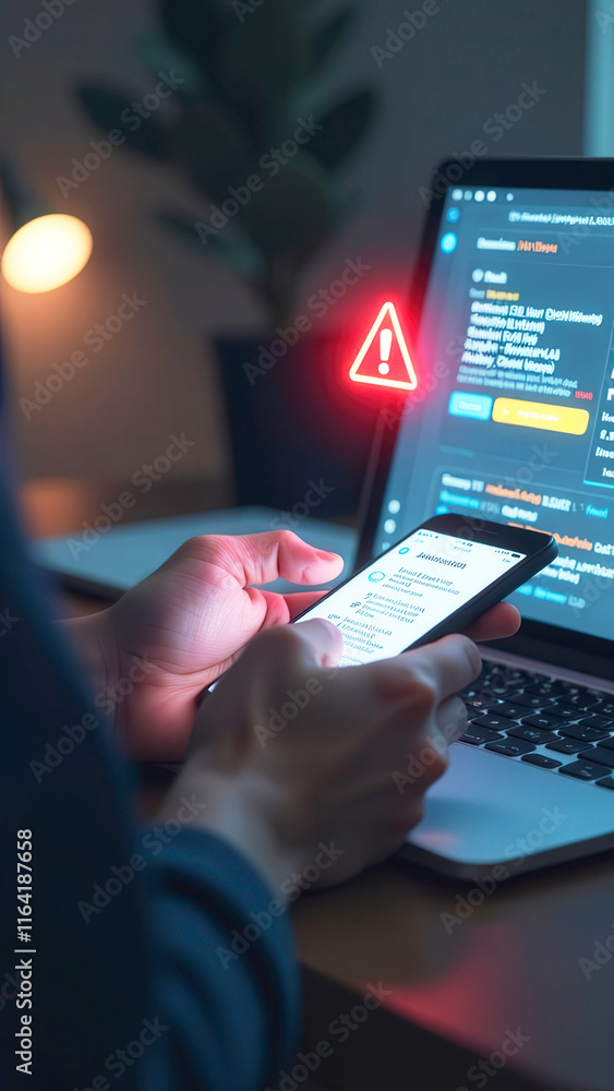 Poster warning about the use of virtual screen technology on smartphones, cyberattacks on networks or malic