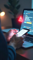Warning about the use of virtual screen technology on smartphones, cyberattacks on networks or malicious software. Cyber Security and Crime, Compromised Internet Data, Privacy, Data Breach, Hacker.