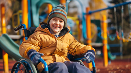Special autistic spectrum disorder handicap kid colored black child smiles with a wheelchair playground in the background