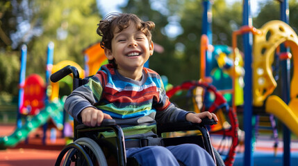 Special autistic spectrum disorder handicap kid colored black child smiles with a wheelchair playground in the background