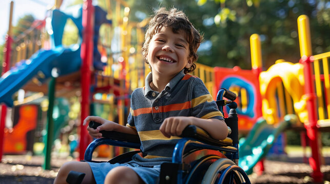 Special autistic spectrum disorder handicap kid colored black child smiles with a wheelchair playground in the background