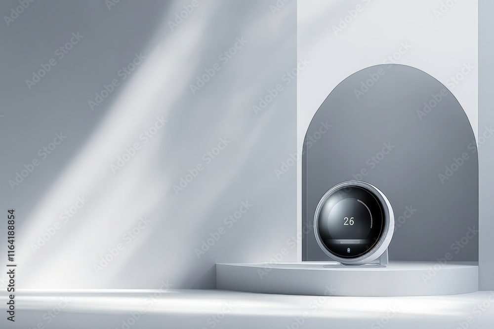 Poster modern smart thermostat display in a minimalistic interior setting