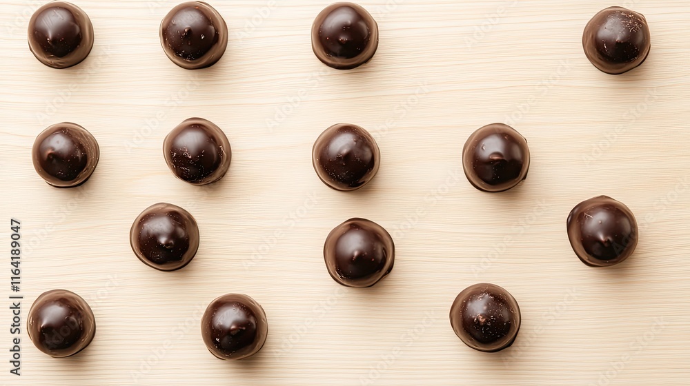 Poster a simple flat lay of chocolate truffles placed evenly on a light wooden table with ample space surro