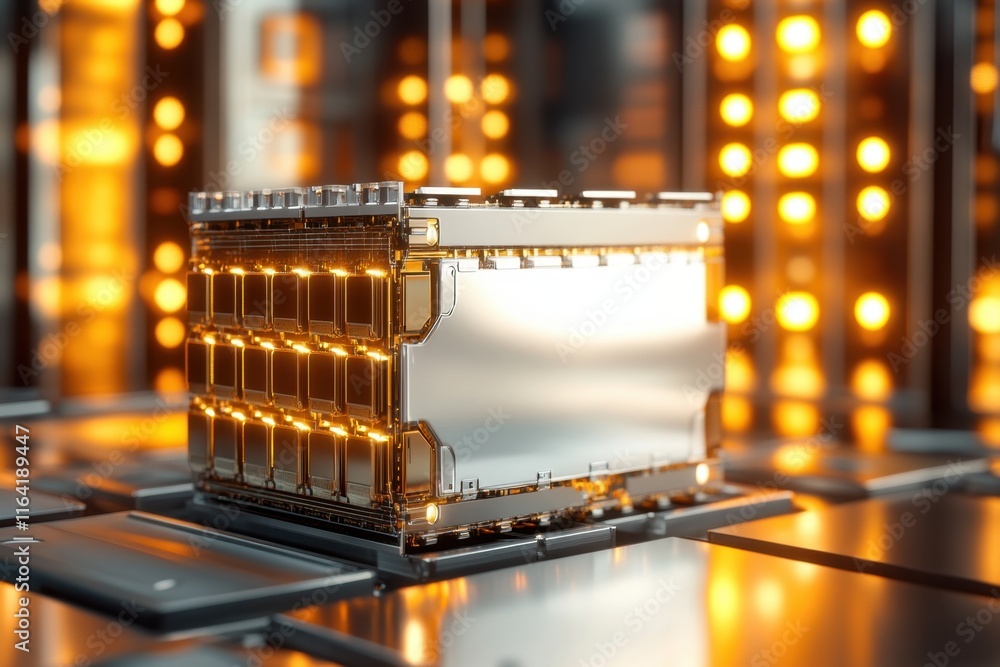 Poster innovative computer chip design with glowing elements in a high-tech environment
