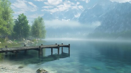 Serene View of Old Wooden Pier by Clear Mountain Lake