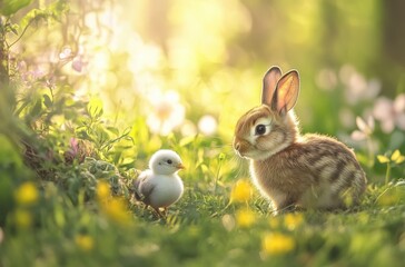 Adorable Rabbit and Chirpy Bird in Sunlit Meadow Surrounded by Colorful Flowers and Green Grass, Capturing the Essence of Springtime Serenity and Natural Companionship