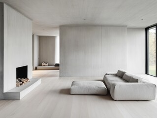 Fototapeta premium Minimalist Living Room Concrete Walls Light Wood Floor