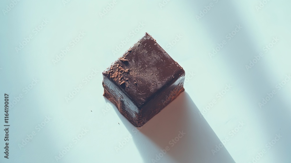 Poster a single piece of dark chocolate with textured edges on a smooth white background.