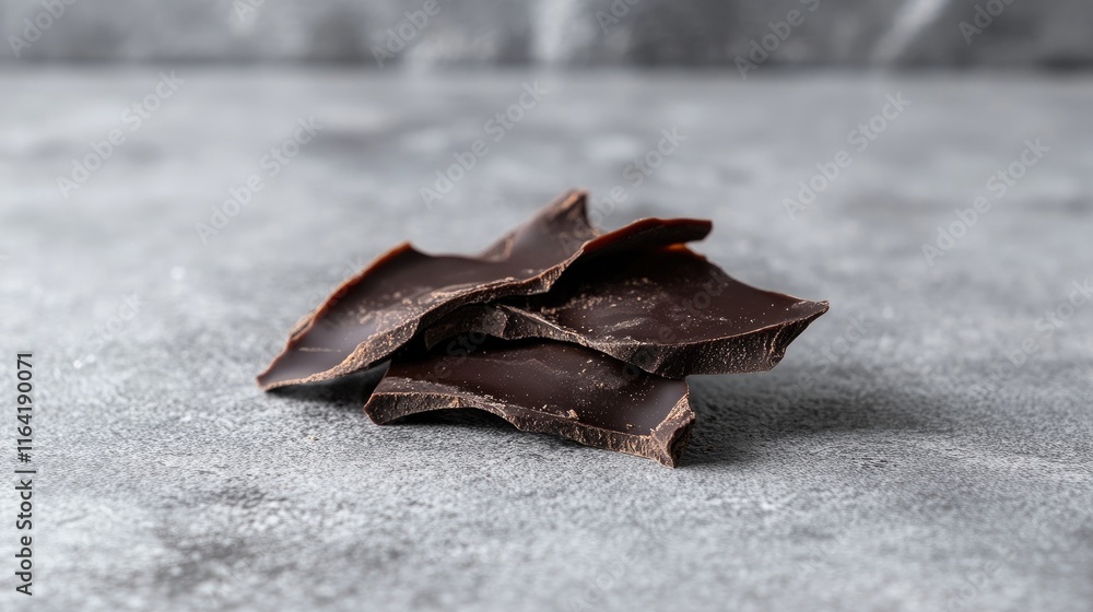 Poster a single shard of dark chocolate with sharp edges on a plain gray background.