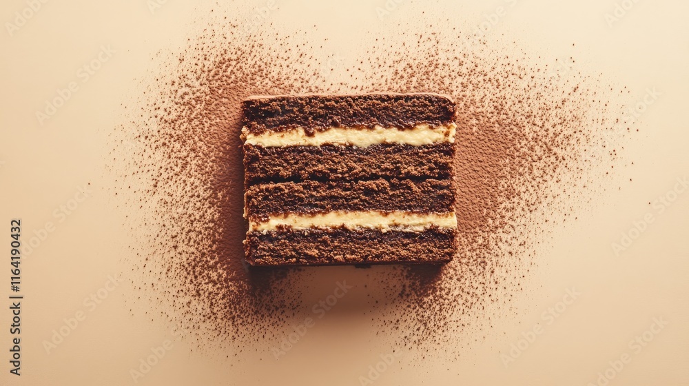 Poster a slice of chocolate cake with creamy layers and a dusting of cocoa powder, centered on a clean back