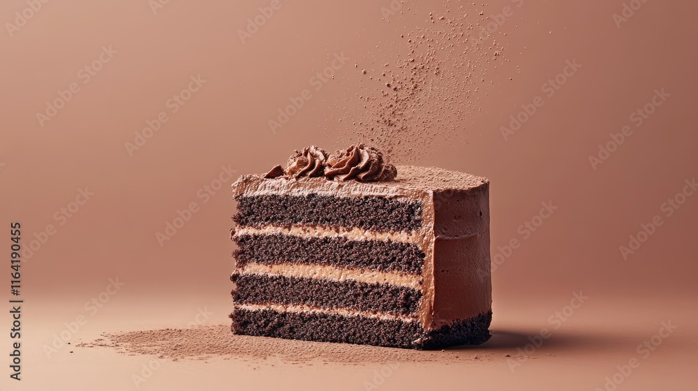 Poster a slice of chocolate cake with creamy layers and a dusting of cocoa powder, centered on a clean back