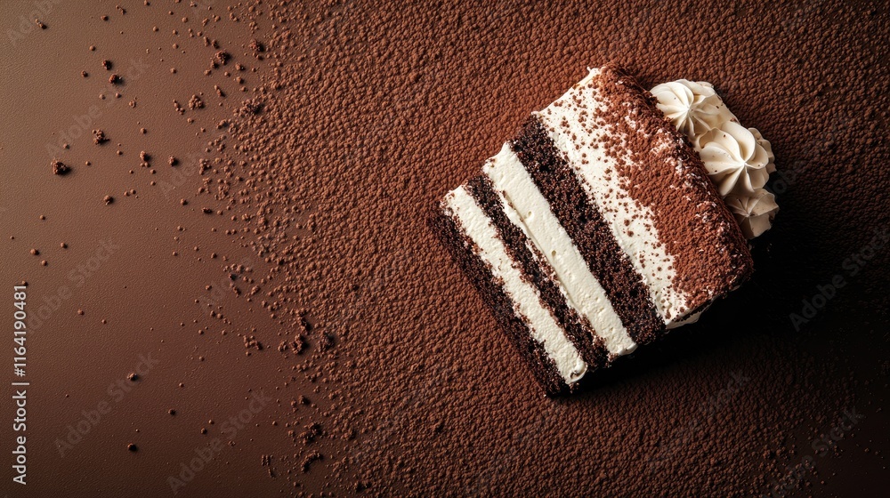 Poster a slice of chocolate cake with creamy layers and a dusting of cocoa powder, centered on a clean back