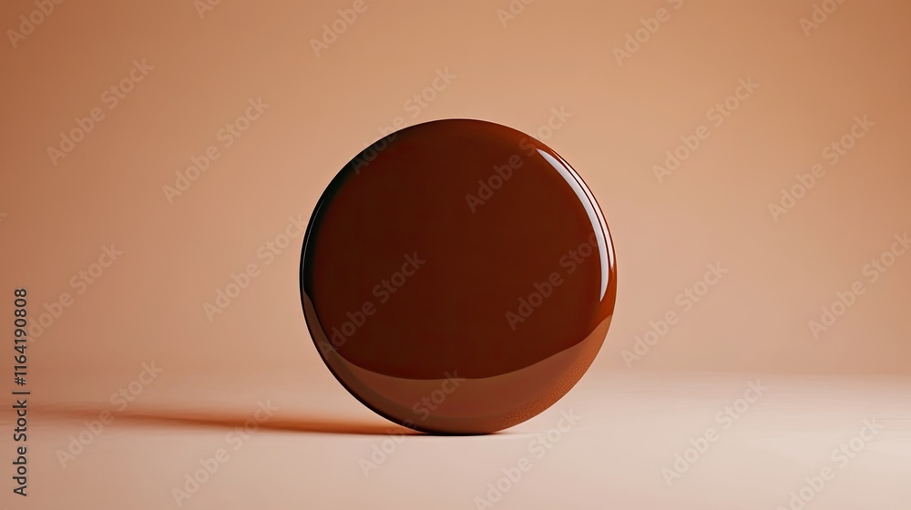 Poster a smooth, geometric chocolate disc with metallic shine, placed on a gradient background with ample s