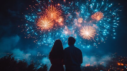 Silhouetted couple watching vibrant fireworks display at night.