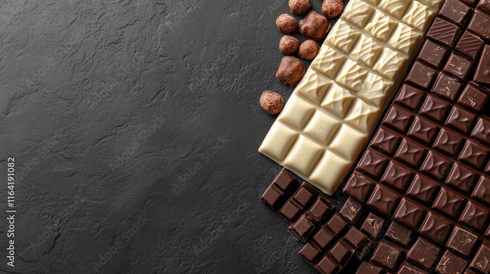 Poster a stack of chocolate bars and pieces with rich textures, arranged on a dark background with room for