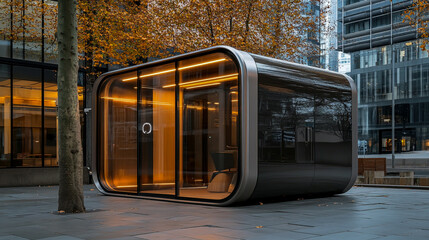 Contemporary enclosed pod in city square with sleek metal and wood finishes
