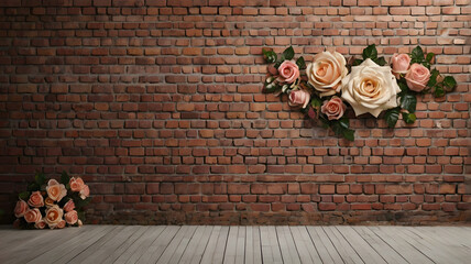 Wedding wall background with brick motif decorated with roses.