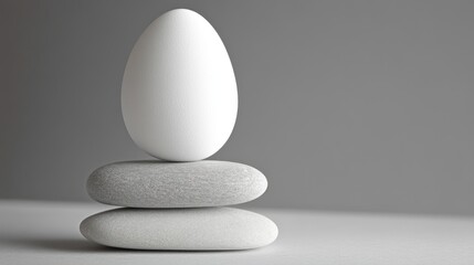 A tiny Easter egg perched on a stack of smooth river stones, creating a balance concept with plenty of negative space.