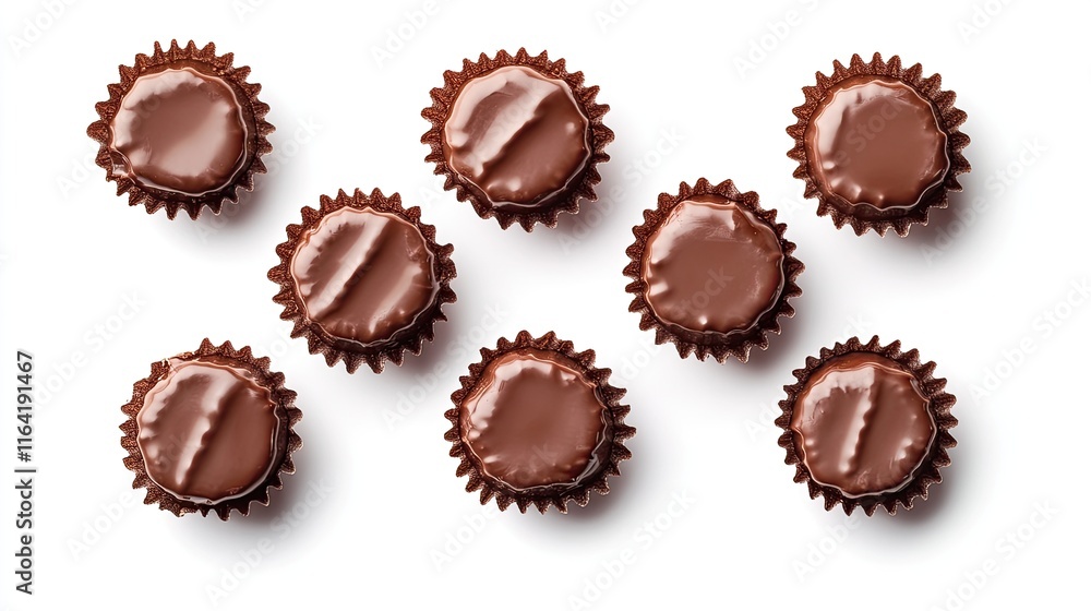 Poster a top-down view of chocolate pralines with shiny surfaces, placed neatly on a soft white background.
