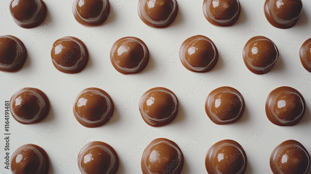 Poster a top-down view of chocolate pralines with shiny surfaces, placed neatly on a soft white background.