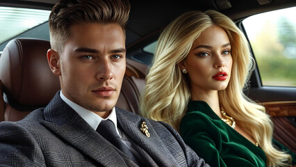 Modern wealthy man and woman in an expensive car.