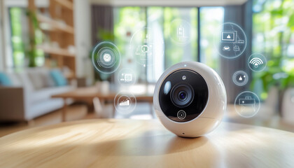 security camera placed on a wooden table 